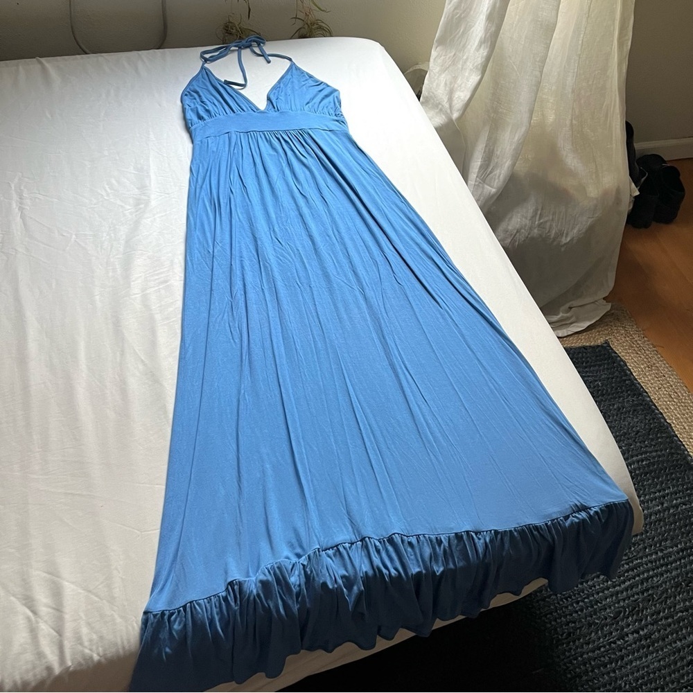 MELISSA ODABASH blue knit halter neck sleeveless ruffle hem maxi dress